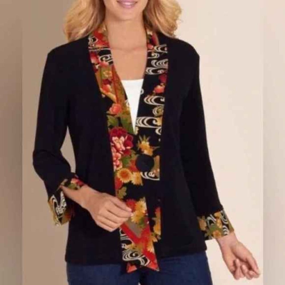 Soft Surroundings Black Stretch Kimono Jacket with Floral Trim size M